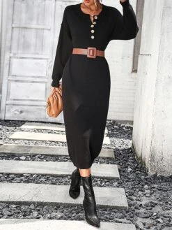 Women's Sweater Dress Jumper Dress Casual Dress Midi Dress Active Plain Outdoor Casual Holiday Vacation Crew Neck Long Sleeve Button 2023 Loose Fit Black White Purple S M L XL -Tesla Style ppzmja1697595516572