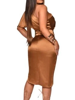 Women's Party Dress Satin Dress Sheath Dress Knee Length Dress Black Camel Green Long Sleeve Pure Color Ruched Fall Winter Autumn Cold Shoulder Elegant Party Winter Dress Fall Dress 2022 S M L XL XXL -Tesla Style pqmlip1635414169547