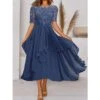 Women‘s Semi Formal Party Dress Lace Dress Midi Dress Wine Blue Green Short Sleeve Embroidery Lace Fall Spring Summer Crew Neck Fashion Wedding Guest Fall Dress 2023 S M L XL XXL 3XL -Tesla Style pqomss1648696541359