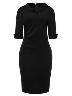 Women's Work Dress Party Dress Sheath Dress Fashion Midi Dress Button Lapel Half Sleeve Plain Slim Black Wine Navy Blue Summer Spring S M L XL XXL -Tesla Style pqqqen1672999715368
