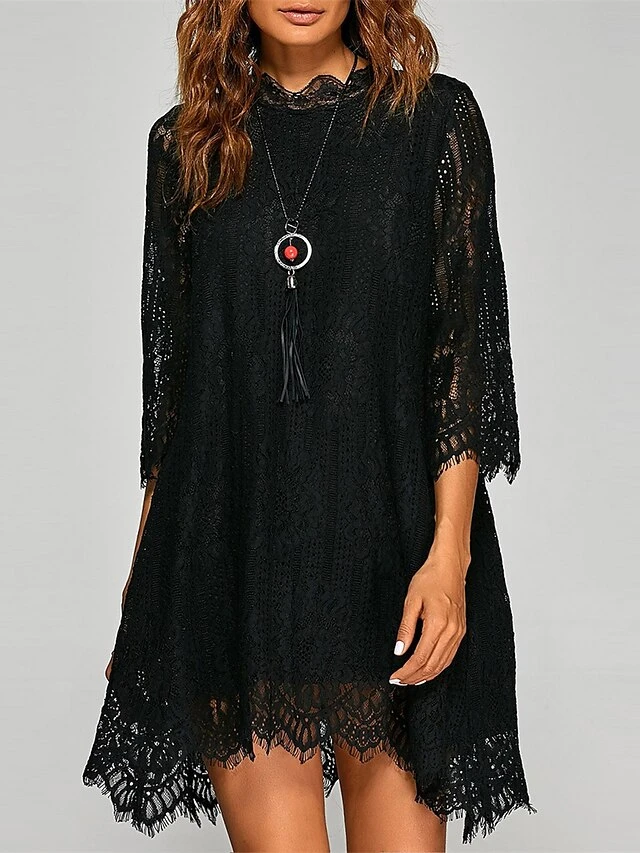 Women's Work Dress Party Dress Lace Dress Fashion Mini Dress Lace Stand Collar 3/4 Length Sleeve Plain Regular Fit Black White Spring Fall S M L XL XXL 6 Women's Work Dress Party Dress Lace Dress Fashion Mini Dress Lace Stand Collar 3/4 Length Sleeve Plain Regular Fit Black White Spring Fall S M L XL XXL - Image 4