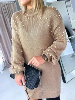 Women's Sweater Dress Winter Dress Jumper Dress Mini Dress Pearl Daily Date Going Out Active Fashion Crew Neck Long Sleeve 2023 Loose Fit Khaki Army Green Gray Color S M L XL XXL Size -Tesla Style priobm1695034412694