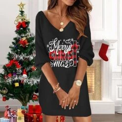 Women's Christmas T Shirt Dress Tee Dress Shift Dress Sweat Dress Mini Dress Black And White Light Yellow Black Gray 3/4 Length Sleeve Elk Print Winter Fall Spring V Neck 2022 S M L -Tesla Style pspaey1668164747062