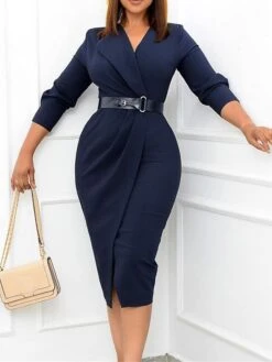 Women's Work Dress Casual Dress Sheath Dress Fashion Office Daily Workfashion Midi Dress Lace Up Ruched V Neck Long Sleeve Plain Regular Fit Red Green Dark Blue Fall Winter S M L XL XXL -Tesla Style psrtgn1695645166413