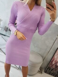 Women's Sweater Dress Winter Dress Jumper Dress Midi Dress Ribbed Outdoor Street Daily Fashion Streetwear V Neck Long Sleeve 2023 Slim Black Light Purple Purple Color S M L XL XXL Size -Tesla Style psuahk1694601090546