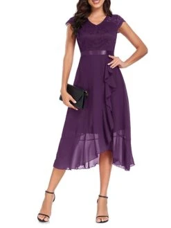 Women's Party Dress Lace Dress Cocktail Dress Midi Dress Black Wine Navy Blue Short Sleeve Pure Color Lace Spring Fall Winter V Neck Fashion Winter Dress Wedding Guest Vacation 2023 S M L XL XXL -Tesla Style ptkldo1692179104533