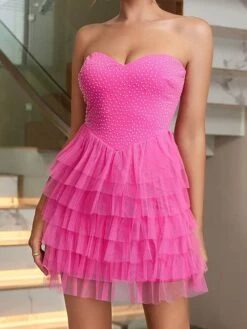 Women's Prom Dress Party Dress Homecoming Dress Mini Dress Fuchsia Sleeveless Pure Color Ruffle Spring Fall Winter Strapless Fashion Winter Dress Evening Party Wedding Guest 2023 S M L XL -Tesla Style puaqhv1692857445089