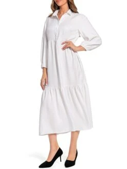 Women's Work Dress Satin Dress Swing Dress Fashion Midi Dress Ruffle Button Shirt Collar Long Sleeve Plain Loose Fit White Fall Winter S M L XL XXL -Tesla Style pudpxi1693466151118