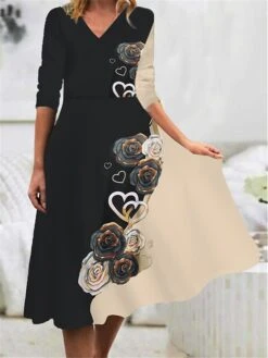 Women's Work Dress Casual Dress Swing Dress Fashion Winter Dress Daily Midi Dress Print V Neck Long Sleeve Floral Heart Regular Fit Blue Purple Green Fall Winter S M L XL XXL -Tesla Style pumsss1694490803026