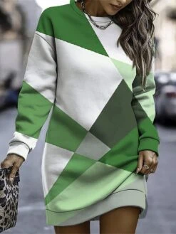 Women's Casual Dress Sweatshirt Dress Winter Dress Geometric Color Block Print Crew Neck Mini Dress Fashion Streetwear Outdoor Daily Long Sleeve Loose Fit Pink Blue Green Fall Winter S M L XL XXL -Tesla Style purnev1694074409374
