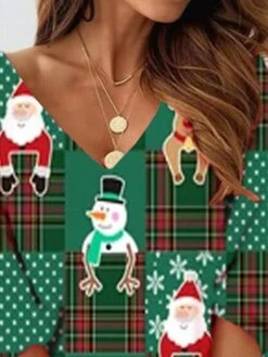 Women's Christmas Sweatshirt Dress Shift Dress Mini Dress Green 3/4 Length Sleeve Plaid Print Winter Fall Autumn V Neck Loose Fit 2022 S M L XL XXL 3XL -Tesla Style pvanng1667212151827