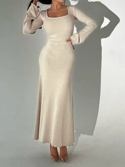 Women's Sweater Dress Jumper Dress Casual Dress Long Dress Maxi Dress Fashion Pure Color Outdoor Daily Vacation Going Out Square Neck Long Sleeve Patchwork 2023 Regular Fit Black Apricot Gray S M L -Tesla Style pvdmng1695643843237