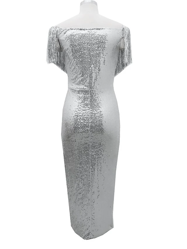 Women's Fringe Dress Sequin Dress Shift Dress Long Dress Maxi Dress Silver Short Sleeve Pure Color Sequins Winter Fall Autumn V Neck Party S M L XL 6 Women's Fringe Dress Sequin Dress Shift Dress Long Dress Maxi Dress Silver Short Sleeve Pure Color Sequins Winter Fall Autumn V Neck Party S M L XL - Image 4