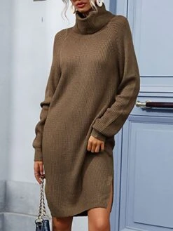 Women's Sweater Dress Jumper Dress Casual Dress Midi Dress Warm Pure Color Outdoor Casual Daily Going Out Turtleneck Long Sleeve 2023 Loose Fit Camel S M L -Tesla Style pvxhgi1695194457770