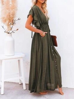Women's Long Dress Maxi Dress Party Dress Casual Dress Swing Dress Pure Color Fashion Casual Outdoor Daily Vacation Ruffle Backless Short Sleeve V Neck Dress Loose Fit ArmyGreen White Red Summer -Tesla Style pwdfyg1676277812355