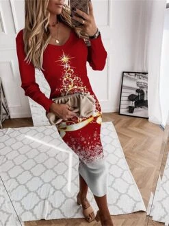 Women's Christmas Dress Sweater Dress Jumper Dress Midi Dress Warm Christmas Tree Snowflake Outdoor Christmas Daily Holiday V Neck Long Sleeve 2023 Regular Fit Wine Blue Green S M L XL XXL 3XL