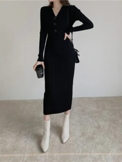 Women‘s Sweater Dress Winter Dress Sheath Dress Midi Dress Black White Green Long Sleeve Pure Color Button Fall Winter Autumn V Neck Stylish Winter Dress Fall Dress 2023 One-Size -Tesla Style pwnctj1665656618636