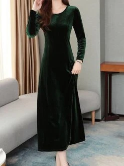 Women's Green Velvet Dress Maxi Long Dress Black Wine Blue Long Sleeve Solid Color Ruched Fall Winter Crew Neck Party Stylish Elegant Party -Tesla Style pwofhu1637316073402