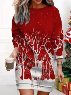 Women's Christmas Casual Dress Sweatshirt Dress Mini Dress Warm Fashion Outdoor Vacation Crew Neck Print Snowman Christmas Tree Loose Fit Black Red Royal Blue S M L XL XXL