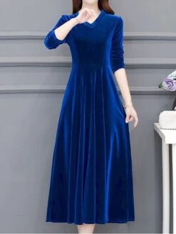 Women‘s Party Dress Wedding Guest Dress Velvet Dress Work Dress Midi Dress Black Wine Royal Blue Long Sleeve Pure Color Ruched Winter Fall Spring V Neck Fashion Spring Dress 2023 M L XL 2XL 3XL 4XL -Tesla Style pwqnvg1675734938929