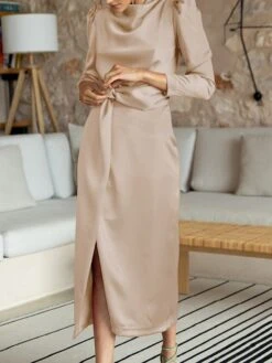 Women's Work Dress Satin Dress Semi Formal Dress Fashion Long Dress Maxi Dress Split Stand Collar Long Sleeve Plain Regular Fit Black Blue Sky Blue Fall Winter S M L XL -Tesla Style pwvkgk1692761648922