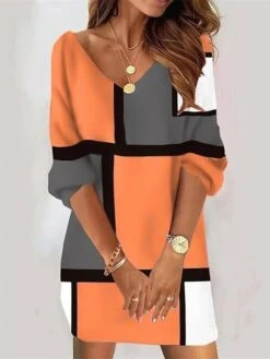 Women's Casual Dress Sweatshirt Dress Print Dress Geometric Plaid Print V Neck Mini Dress Fashion Streetwear Outdoor Daily 3/4 Length Sleeve Loose Fit Pink Orange Gray Fall S M L XL XXL -Tesla Style pwxxej1693461277566