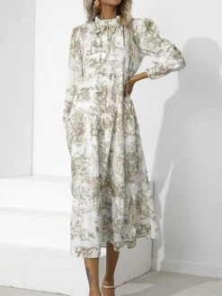 Women's Work Dress Swing Dress Semi Formal Dress Fashion Midi Dress Print Stand Collar Long Sleeve Floral Loose Fit Red Blue Green Fall S M L XL XXL -Tesla Style pxeqvv1693300590322