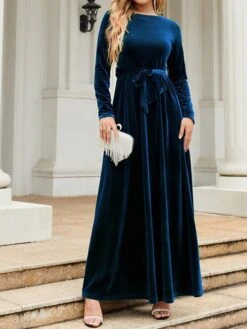 Women's Party Dress Velvet Dress Emerald Green Dress Long Dress Maxi Dress Black Wine Green Long Sleeve Pure Color Lace Up Spring Fall Winter Round Neck Fashion Winter Dress Fall Dress Spring Dress -Tesla Style pxjzkb1664430785255