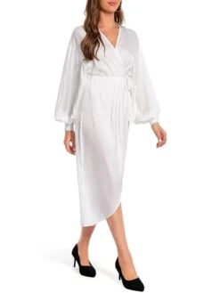 Women's Work Dress Satin Dress White Dress Fashion Midi Dress Lace Up V Neck Long Sleeve Plain Loose Fit White Fall Winter S M L XL XXL -Tesla Style pxlfzb1693467040475