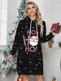 Women's Casual Dress Hoodie Dress Mini Dress Warm Fashion Outdoor Christmas Holiday Hoodie Print Santa Claus Christmas Tree Christmas Hat Loose Fit Burgundy Gold S M L XL XXL -Tesla Style pxuczi1696674057679