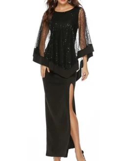 Women's Party Dress Sequin Dress A Line Dress Long Dress Maxi Dress Black Long Sleeve Pure Color Sequins Fall Crew Neck Elegant Party Winter Dress Wedding Guest 2022 S M L XL XXL