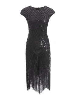 Women‘s Halloween Dress Party Dress Fringe Dress Sequin Dress Midi Dress Silver Black White Sleeveless Floral Sequins Summer Spring Fall Crew Neck Party Party Summer Dress 2023 XS S M L XL XXL -Tesla Style pzyxbh1639031524385