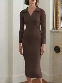 Women's Sweater Dress Winter Dress Jumper Dress Midi Dress Ruched Street Daily Holiday Fashion Streetwear V Neck Long Sleeve 2023 Regular Fit Black White Dark Gray Color S M L Size -Tesla Style qallwa1692938582183