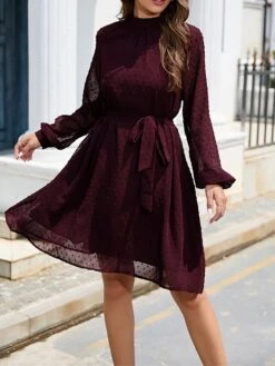 Women's Work Dress Chiffon Dress Black Dress Fashion Mini Dress Lace Up Ruched Crew Neck Long Sleeve Plain Loose Fit Black White Wine Fall Winter S M L XL XXL -Tesla Style qaybus1693373931929