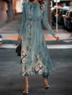 Women's Work Dress Casual Dress Semi Formal Dress Fashion Winter Dress Daily Midi Dress Print Crew Neck Long Sleeve Floral Slim Blue Brown Green Fall Winter S M L XL XXL -Tesla Style qbcztb1694750414578