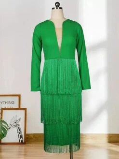 Women's Semi Formal Party Dress Fringe Dress Midi Dress Pink Long Sleeve Pure Color Tassel Fringe Winter Fall Autumn V Neck Stylish Winter Dress Fall Dress 2023 S M L XL XXL -Tesla Style qbmyqp1676622535956
