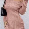 Women's Sweater Dress Winter Dress Jumper Dress Mini Dress Lace Up Ruched Outdoor Street Daily Active Fashion U Neck Long Sleeve 2023 Regular Fit Black Pink Purple Color S M L XL XXL Size