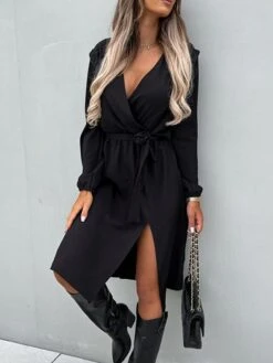 Women's Work Dress Sheath Dress Semi Formal Dress Fashion Midi Dress Lace Up Split V Neck Long Sleeve Polka Dot Loose Fit Black White Red Fall Winter S M L XL XXL -Tesla Style qbufwu1692080004758