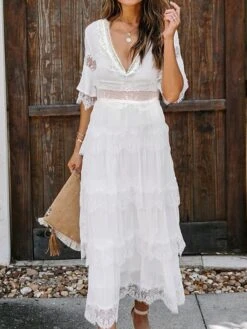 Women's Party Dress Lace Dress White Dress Midi Dress Black Pink White Half Sleeve Pure Color Lace Spring Summer V Neck S M L XL XXL