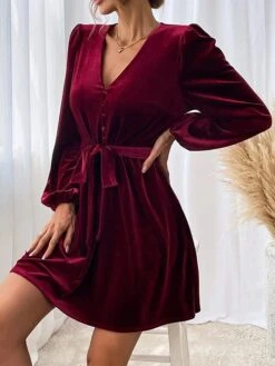 Women's Party Dress Velvet Dress Homecoming Dress Mini Dress Wine Long Sleeve Pure Color Ruched Spring Fall Winter V Neck Fashion Winter Dress Wedding Guest Evening Party Loose Fit 2023 S M L XL -Tesla Style qcaesr1692601279223