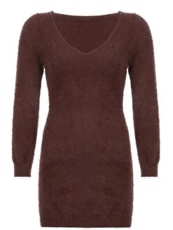 Women's Sweater Dress Winter Dress Jumper Dress Mini Dress Ruched Outdoor Street Daily Active Fashion V Neck Long Sleeve 2023 Slim Black Brown Color S M L Size -Tesla Style qcnuqs1692862198636