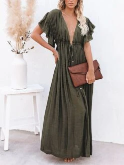 Women's Long Dress Maxi Dress Party Dress Casual Dress Swing Dress Pure Color Fashion Casual Outdoor Daily Vacation Ruffle Backless Short Sleeve V Neck Dress Loose Fit ArmyGreen White Red Summer -Tesla Style qcpigb1676277811570