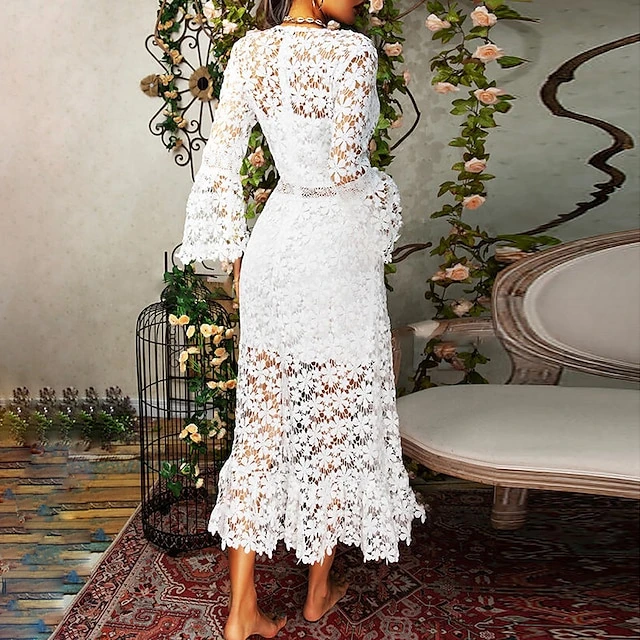 Women's Party Dress Lace Dress Homecoming Dress Long Dress Maxi Dress White Yellow Pink Long Sleeve Pure Color Lace Summer Spring Fall Deep V Fashion Winter Dress Birthday Wedding Guest 2022 S M L XL 6 Women's Party Dress Lace Dress Homecoming Dress Long Dress Maxi Dress White Yellow Pink Long Sleeve Pure Color Lace Summer Spring Fall Deep V Fashion Winter Dress Birthday Wedding Guest 2022 S M L XL - Image 4