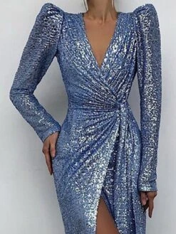Women‘s Party Dress Sequin Dress Black Dress Sheath Dress Long Dress Maxi Dress Blue Long Sleeve Pure Color Sequins Spring Fall Winter V Neck Fashion Winter Dress Wedding Guest Vacation -Tesla Style qcyoye1660818732847