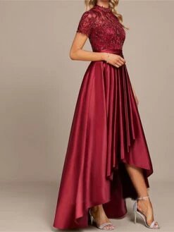 Women's Prom Dress Party Dress Swing Dress Long Dress Maxi Dress Wine Short Sleeve Pure Color Lace Summer Spring Fall Stand Collar Fashion Birthday Evening Party Wedding Guest 2023 S M L XL -Tesla Style qdezqe1677207639185