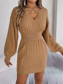 Women's Sweater Dress Winter Dress Jumper Dress Mini Dress Active Pure Color Outdoor Casual Holiday Vacation Crew Neck Long Sleeve Cut Out 2023 Loose Fit Wine Khaki Gray S M L -Tesla Style qdjyaf1697526803660