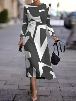 Women's Work Dress Casual Dress Semi Formal Dress Fashion Winter Dress Daily Midi Dress Print Crew Neck Long Sleeve Geometric Color Block Slim Navy Blue Purple Brown Fall Winter S M L XL XXL -Tesla Style qdvudz1694157007324