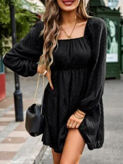 Women's Work Dress Black Dress Semi Formal Dress Fashion Mini Dress Ruched Square Neck Long Sleeve Plain Loose Fit Black Red Army Green Fall S M L XL -Tesla Style qdwuip1693300576578