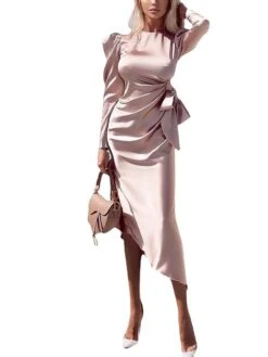 Women‘s Party Dress Wedding Guest Dress Satin Dress Pink Dress Midi Dress Pink Long Sleeve Print Ruched Winter Fall Autumn Crew Neck Elegant Wedding Party Winter Dress 2023 S M L XL XXL -Tesla Style qehyky1678437566624