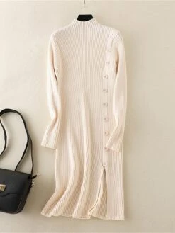 Women's Sweater Dress Jumper Dress Winter Dress Mini Dress Warm Plain Outdoor Daily Vacation Going Out Turtleneck Long Sleeve Button 2023 Slim Black Brown Khaki One Size -Tesla Style qekicm1697767799335